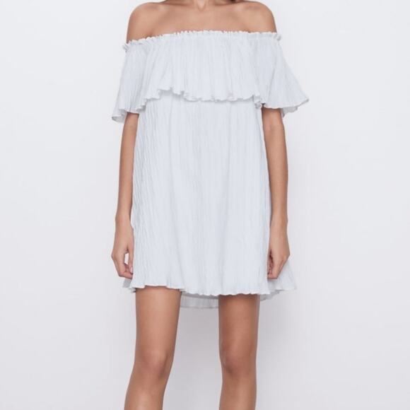 Zara White Off Shoulder Pleated Plisse Mini Dress‎ XS - Picture 2 of 9